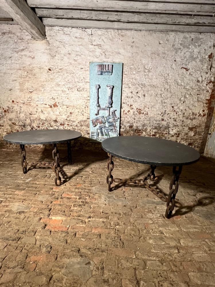 Pair of Brutalist metal chain tables, mid-20th century