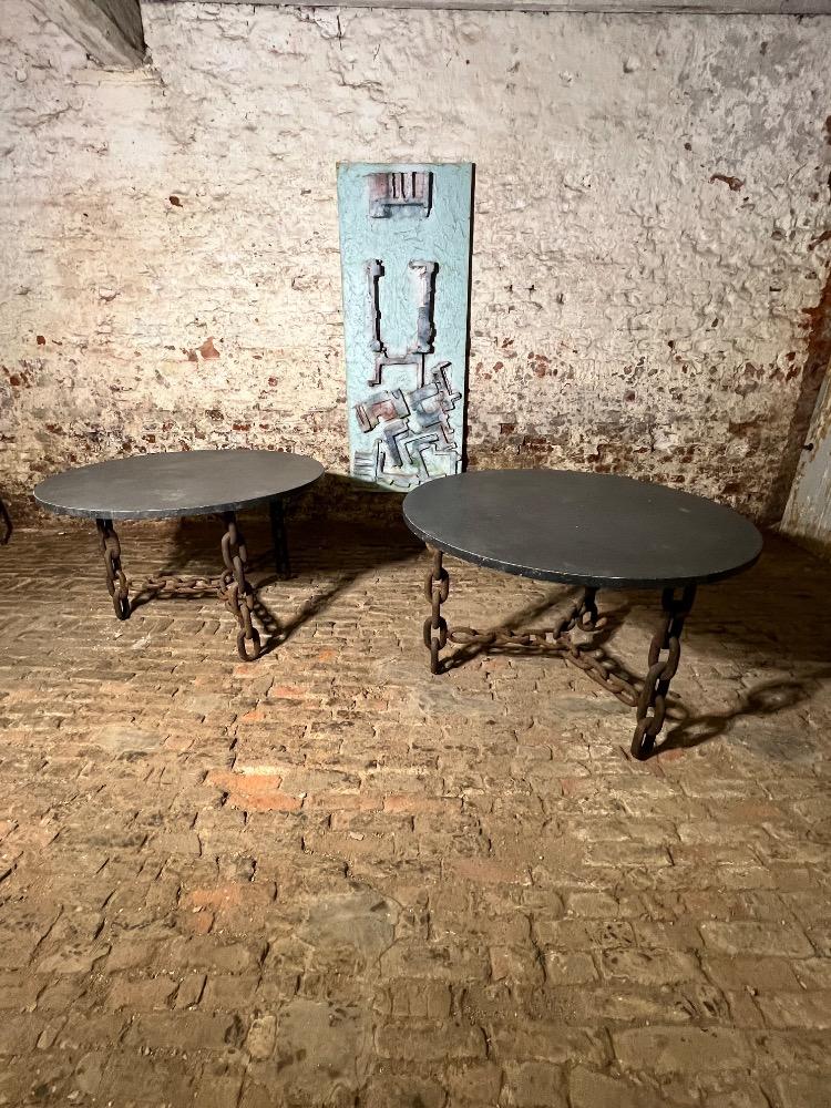 Pair of Brutalist metal chain tables, mid-20th century