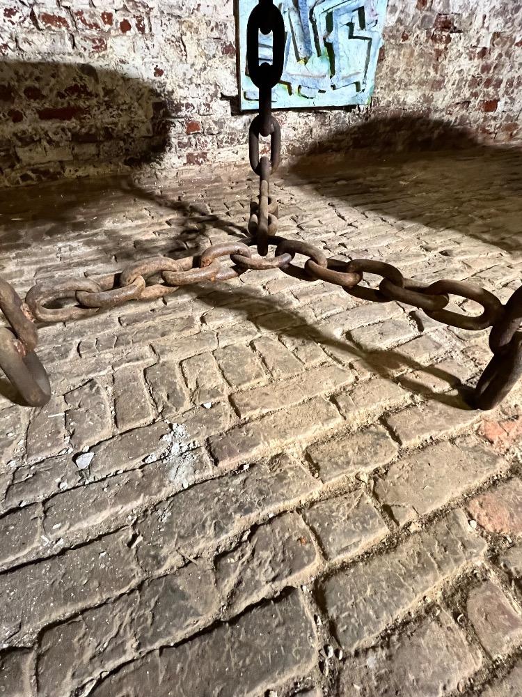 Pair of Brutalist metal chain tables, mid-20th century