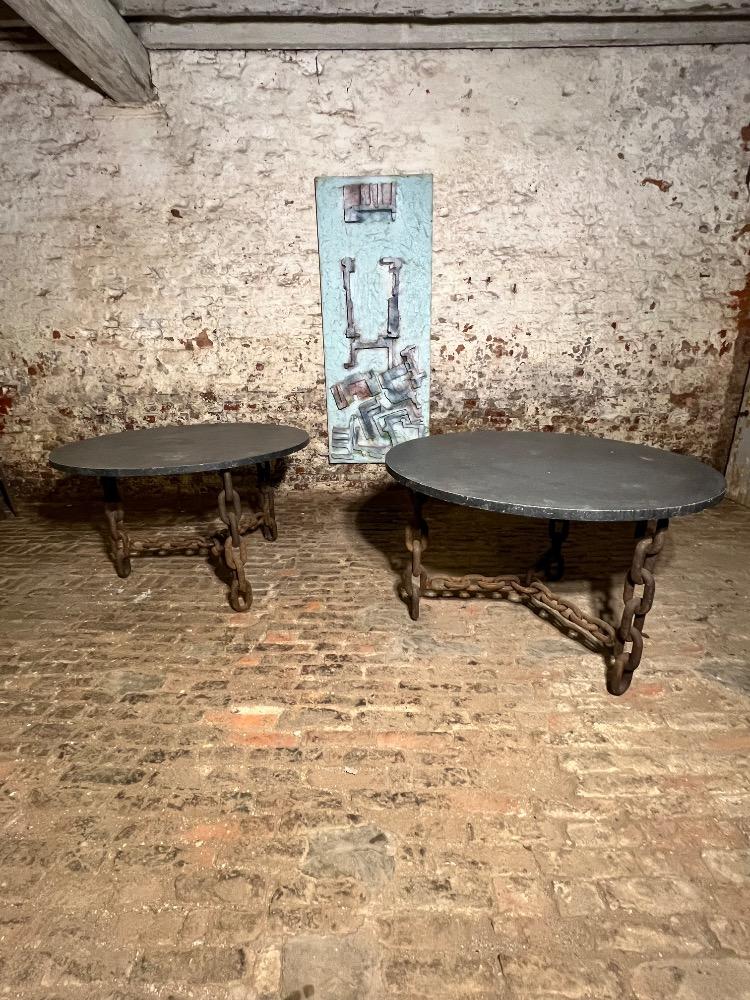 Pair of Brutalist metal chain tables, mid-20th century