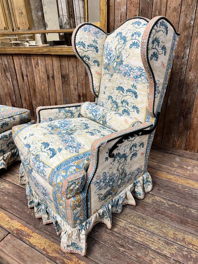 Set of 2 armchairs and footrest, mid-20th century 